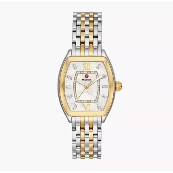 NEW MICHELE RELEVE MOP DIAMOND DIAL GOLD TWO TONE WATCH MWW19B000004 NEW In BOX - Picture 2 of 8